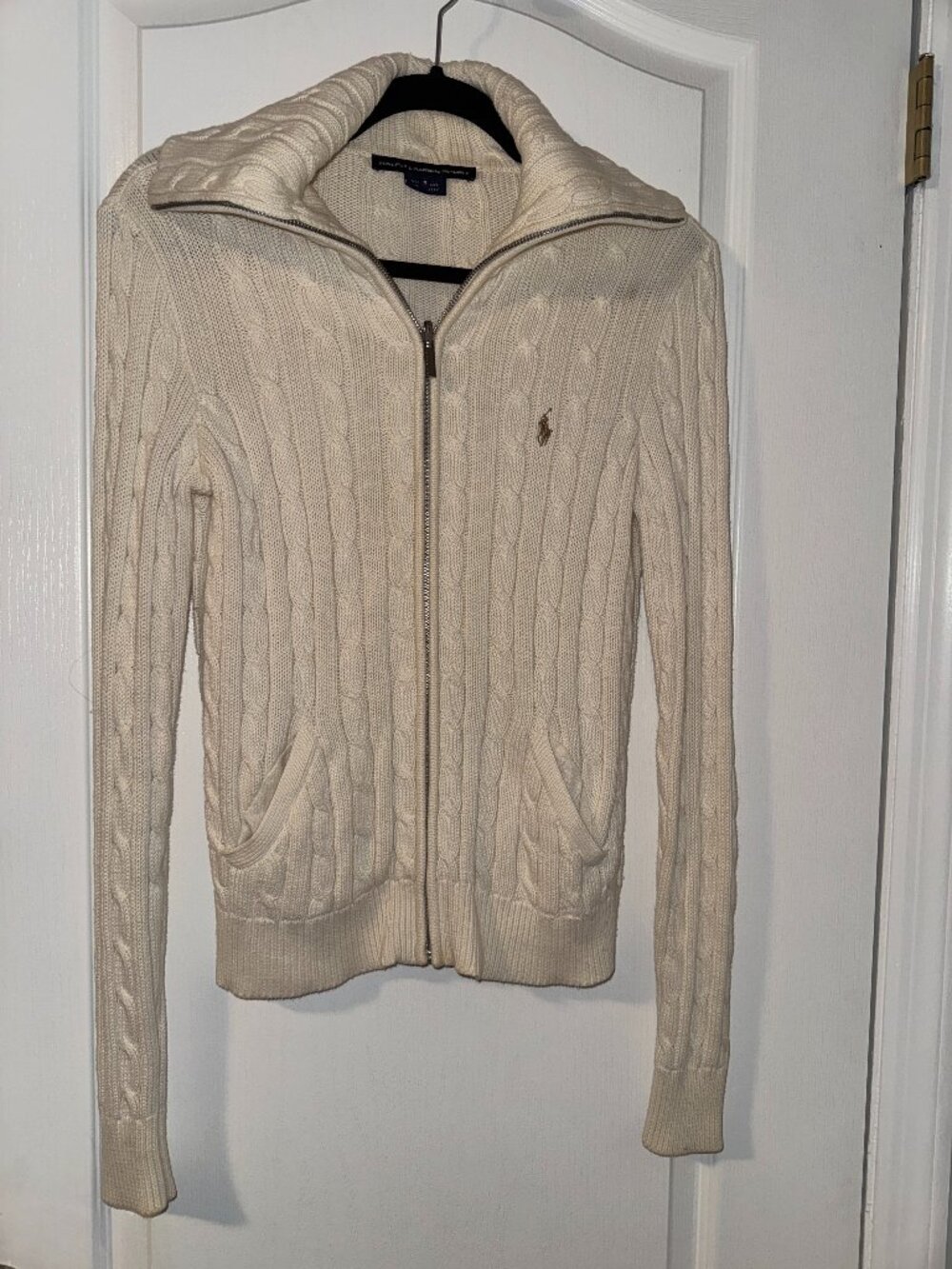 Ralph Lauren Sport Vintage Women’s Small Ivory Cable Knit Full-Zip Cardigan Swea
